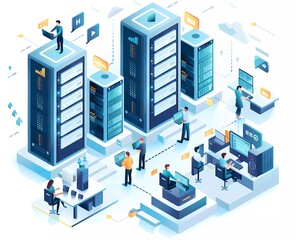 Fototapete - isometric flat illustration of digital transformation, people working on virtual desktops and a data center with server towers in the background,