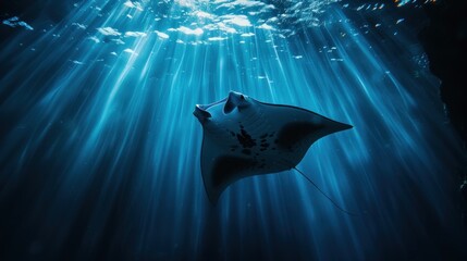 Wall Mural - A graceful manta ray swimming elegantly in the ocean waters illuminated by mesmerizing sun rays filtering through the surface, creating an ethereal underwater scene 