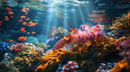 Wall Mural - A vibrant underwater scene featuring a mantis shrimp exploring a colorful coral reef with sunlight filtering through the water 