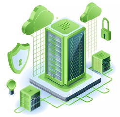 Fototapete - vector illustration of data protection, with security shield and cloud server on white background, isometric view, in the style of light green color scheme