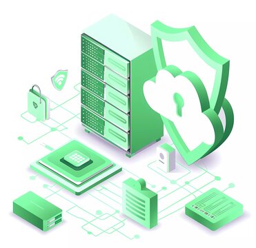 vector illustration of data protection, with security shield and cloud server on white background, isometric view, in the style of light green color scheme