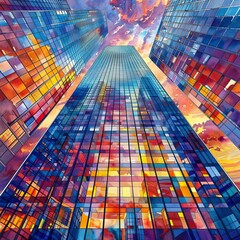 Poster - vibrant abstract painting of skyscrapers reflecting colorful skies, creating a mesmerizing urban cit