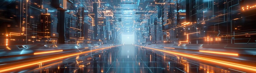 Poster - Futuristic interior with neon lights and reflections, depicting a sci-fi environment, perfect for technology and science fiction themes.