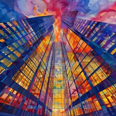 Poster - vivid modern skyscrapers with colorful reflections against a dramatic sky, creating a stunning and d