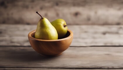 Wall Mural - Top view of pear on a wooden bowl on a wooden background with copy space