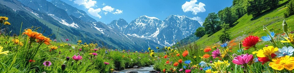 Beautiful panoramic view of colorful wildflowers in full bloom against a backdrop of majestic snowy mountains under clear blue skies