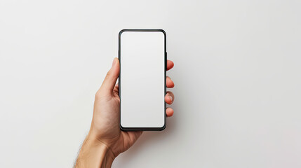 Mobile phone screen mockup in case. Hand holding smartphone display mock up isolated on white.