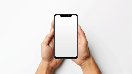 Mobile phone screen mockup in case. Hand holding smartphone display mock up isolated on white.