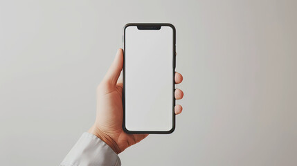 Mobile phone screen mockup in case. Hand holding smartphone display mock up isolated on white.