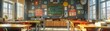 © Jiraporn - A bright, empty classroom with sunlight streaming through the windows, desks arranged neatly, and a blackboard full of colorful educational posters.