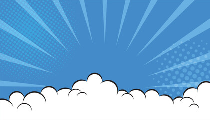 Poster - Comic cartoon blue background with cloud. blue poster background with halftone and clouds effect
