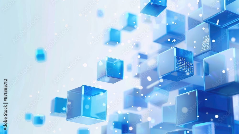 Blue cubes floating in the air against a white background, with a ...