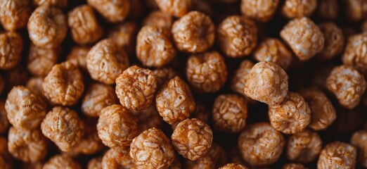 Wall Mural - Close-up of brown cereal, showcasing their unique shape and texture. The background is neutral to highlight the detailed view of each puff.