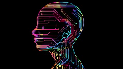 Abstract artwork of human head silhouette with circuit board design