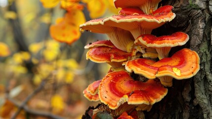 Canvas Print - Edible mushrooms in red and orange colors growing on a tree trunk with space for text