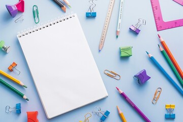 Sticker - School stationery and notepad on blue background. Back to school concept. Flat lay, top view, overhead