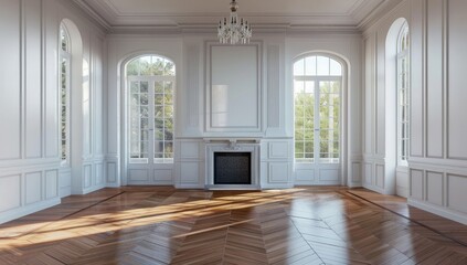 Wall Mural - Empty room with fireplace and three large windows, white walls, parquet floor, ceiling lamp, front view, photorealistic,