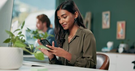 Aufkleber - Computer, phone and smile with designer woman in office for communication, networking or typing. Creative employee check bank app, payment notification in workplace and contact with web development