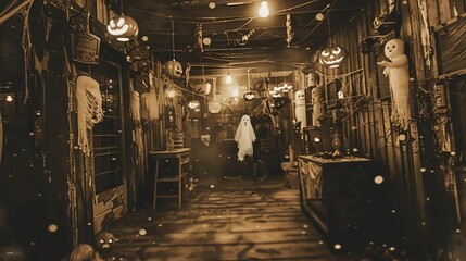 Spooky Halloween hallway with ghost figure and carved pumpkins, decorated with cobwebs and eerie lighting for a haunting atmosphere.