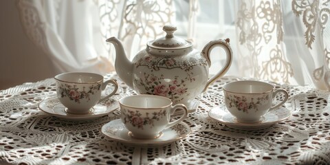 Aufkleber - A quaint vintage teapot and cups on a lace tablecloth, evoking afternoon tea nostalgia