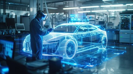 A professional engineer uses virtual reality goggles to interact with a holographic car model in a lab. Virtual Design Innovation