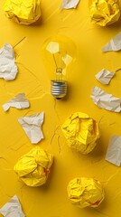 Wall Mural - Creative Yellow Background with Light Bulb and Notes. Conceptual Yellow Background Featuring Creativity, Light Bulb, Notes, Graduation, Student, Child Development, Training, Smart Technology, Innovati