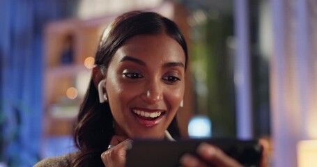 Aufkleber - home, typing and indian woman with smartphone, reading ebook and scrolling for contact, surprise ema