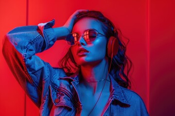 Poster - Fashion pretty woman with headphones listening to music over red neon background at studio.