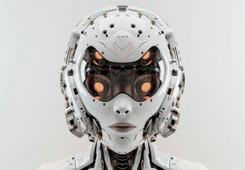 Wall Mural - Female robot head, front view on a white background, detailed rendering