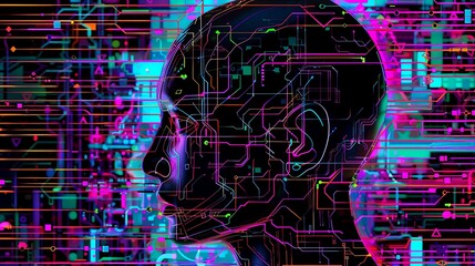 Abstract artwork of human head silhouette with circuit board design