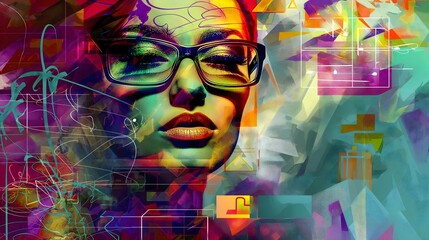 A colorful painting of a woman with glasses and a red nose. The painting is abstract and has a lot of different colors and shapes. The woman's face is the main focus of the painting. AI generated.