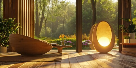 Wall Mural - modern interior design, wood floor, wooden furniture, modern lamp in the shape of an oval with light inside, modern architecture, large windows overlooking trees and flowers, cinematic