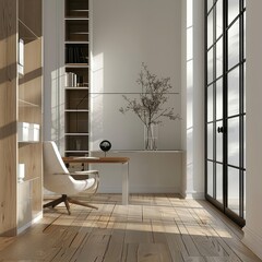 Wall Mural - Modern interior, wooden floor, modern chair and desk with glass vase on the side of it, large window in background, white walls, minimalistic