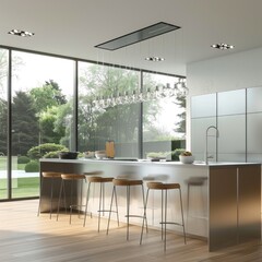 Wall Mural - modern kitchen island with stainless steel top, oak barstools, white walls and light wood floor, glass wall on one side looking out to garden,  