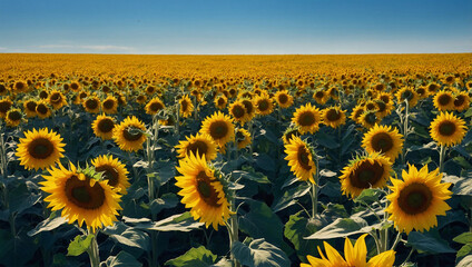 Wall Mural - Field of bright yellow sunflowers under a clear blue sky.