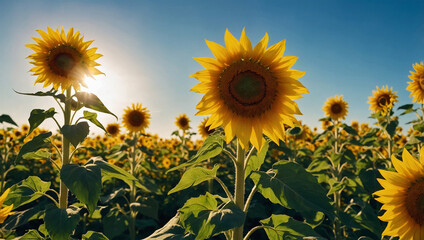 Wall Mural - Field of bright yellow sunflowers under a clear blue sky.