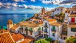© DigitalArt Max - Vibrant Mediterranean village scene with white buildings, terracotta roofs, narrow streets, and ornate ironwork balconies overlooking azure sea.