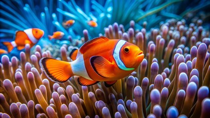 Wall Mural - Vibrant orange clownfish with white stripes swims amidst colorful coral reef, surrounded by seaweed and schools of tiny blue fish.