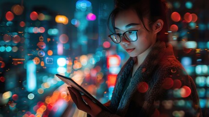 Wall Mural - Digital technologies, Internet connection. A girl with a tablet