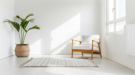 Wall Mural - White interior design with a wooden chair, a potted plant and a rug.