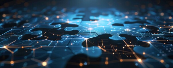 Poster - Abstract dark blue background with glowing network lines and puzzle pieces