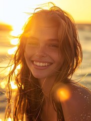 A young woman with a joyful smile enjoys the ocean at sunset, feeling the warmth of the golden hour