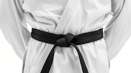 Martial artist wearing a black belt in a white uniform, close-up. Sports and achievement concept