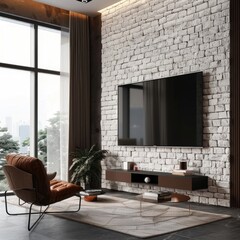 Wall Mural - Photorealistic interior of modern living room with TV on wall, white brick stone feature wall, large window, grey and cream rug, brown chair, black floor --v 6.0