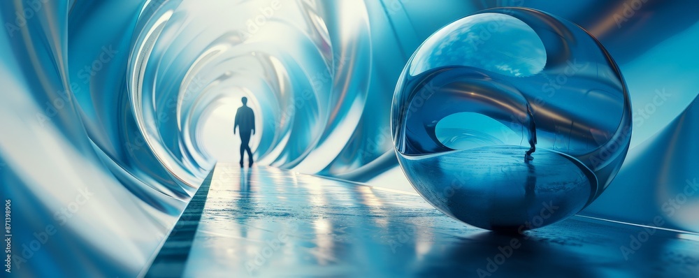 Surreal futuristic tunnel with a lone figure and a reflective sphere ...
