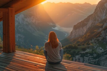 Wall Mural - Picture from the back of a woman sitting on wooden porch extending into a high mountain cliff. The sun is setting on the mountain and there is a beautiful warm orange light. The traveling background.