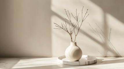 Wall Mural - mockup of modern ceramic vase with dry branches and marble tray on light background scandinavian sty