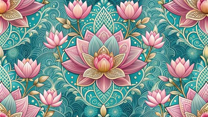 Sticker - Seamless intricate lotus floral pattern design, lotus, seamless, floral, pattern, design, intricate, elegant