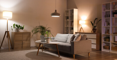 Sofa, shelving units, houseplants and glowing lamps in interior of living room in evening