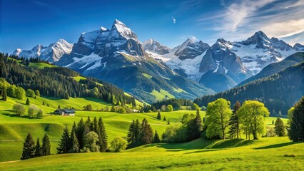 Poster - A picturesque alpine landscape with snow-capped mountains, green meadows, and a clear blue sky, scenic, alps